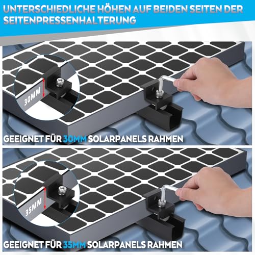 BOSYTRO PV Halterung Montageset, Solarmodul Halterung für 2X Module, 12CM Schwarze Schiene+Solarpanel Wasserablauf Clips 30MM+Verstellbare Klemme für 30-35MM Dicke Module für Flachdach Trapezblech