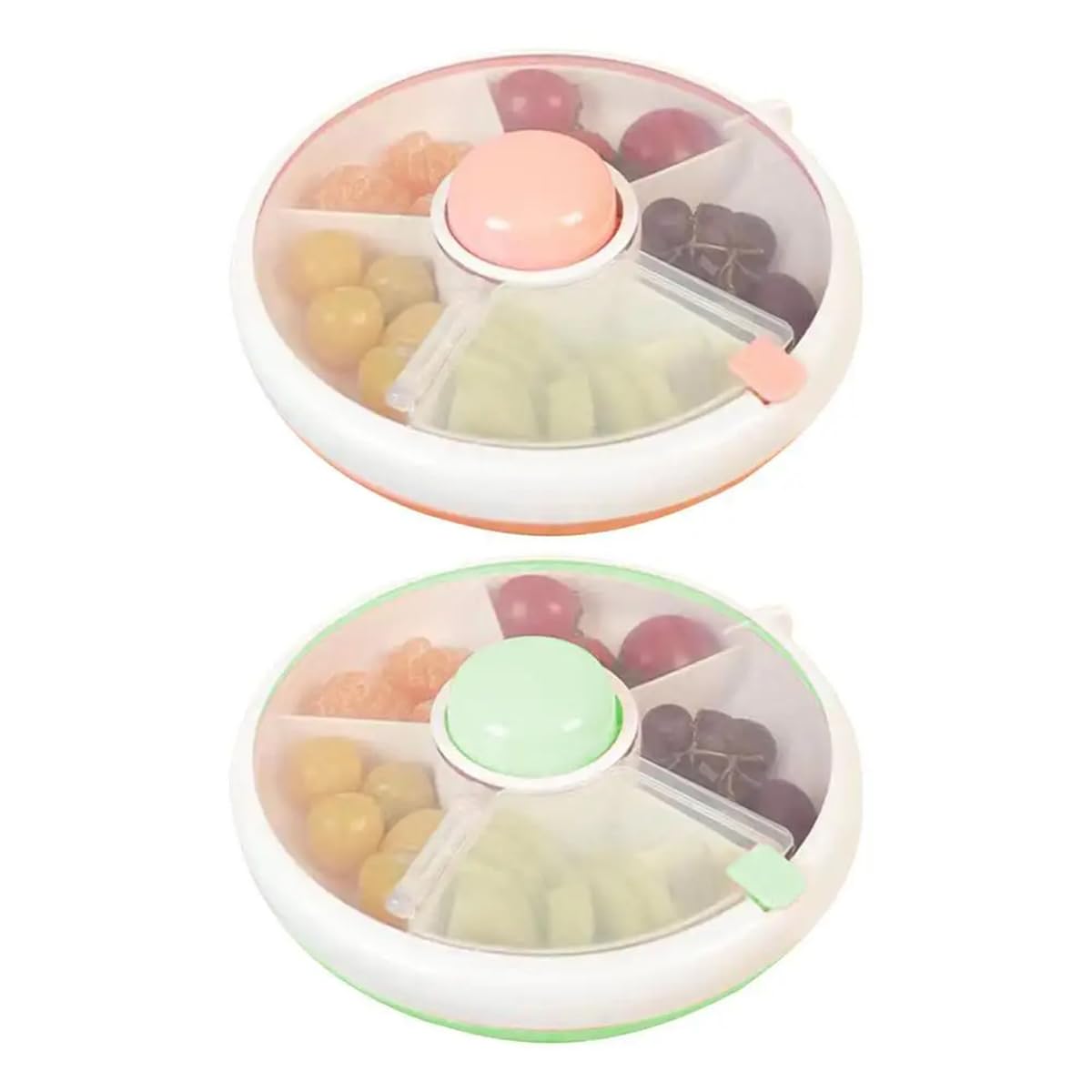 Mnrkaoic Snack Spinner, Portable Snacks Food Serving Tray Kids Snack Spinner Toddler Spinner Snacks Box with 5 Compartments and Lid, Multifunctional Rotating Food Box, Fruit Organizer (2pcs)