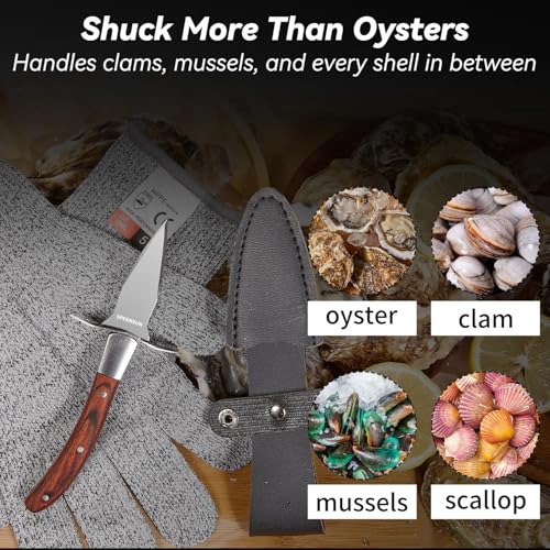 SPEENSUN Austernmesser,Austernmesser Und Handschuh,Austern Set mit Premium-Holzgriff,Edelstahl Austernöffner mit Handschuhe mit Schutzstufe 5 (L) Oyster Messer