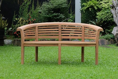 Emporium Furniture Garden Bench (Extra Thick) with Cushions Premium Quality Teak Wood Outdoor Patio Banana Benches (Banana Bench Horizantal Slats 12 cm Thick, Cream Cushion)