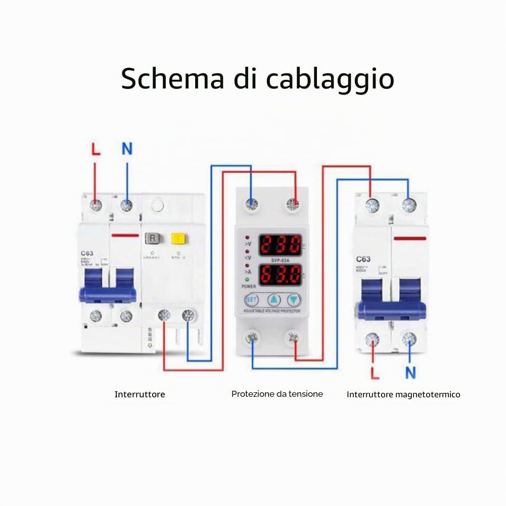 Protettore Corrente AC230V 63A Doppio Display LED Monofase Protezione Sovratensione e Sottotensione per Installazioni Elettriche Residenziali