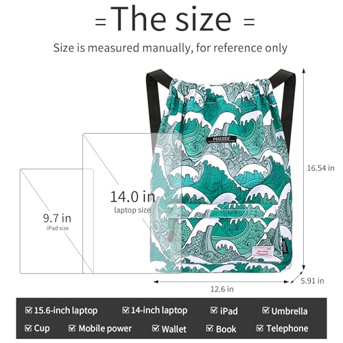 Peicees Pack of 2 Waterproof Drawstring Sport Bags Lightweight Sackpack Backpack for Men and Women, Sea Wave and Gray Leaves4