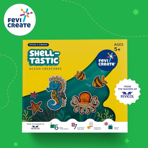 Image of Fevicreate Stick-n-Create Shell-Tastic Ocean Creatures Kit | Shell & Sand Art | Ocean Creatures | Fridge Magnets | Informative Flash Cards | Screen-Free Play | Gifting | Ages 5+