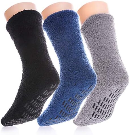 LANLEO Mens Non Skid/Slip Slipper Socks Soft Fuzzy Warm Home Sleeping Winter Socks 3 Pairs Black/Gray/Blue