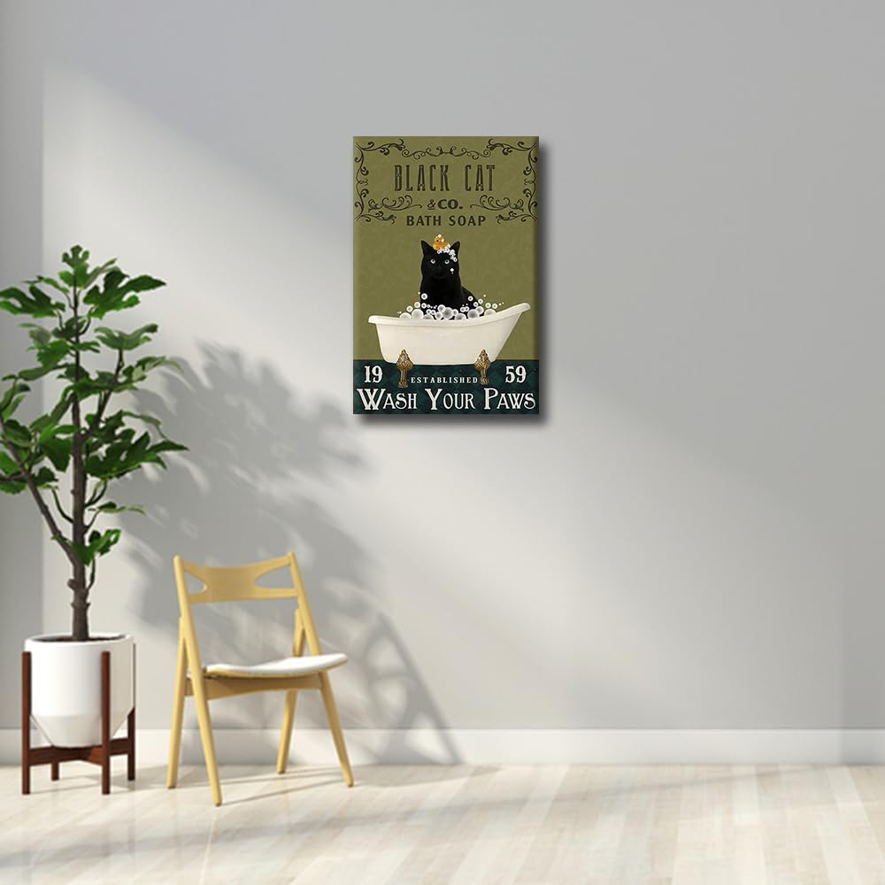 Black Cat Canvas Framed Horse Farmhouse Wall Art - Funny Bathroom Decor - Ready to Hang - 18" W x 12" H, Animals-31, 44L x 30W cm - Image 3