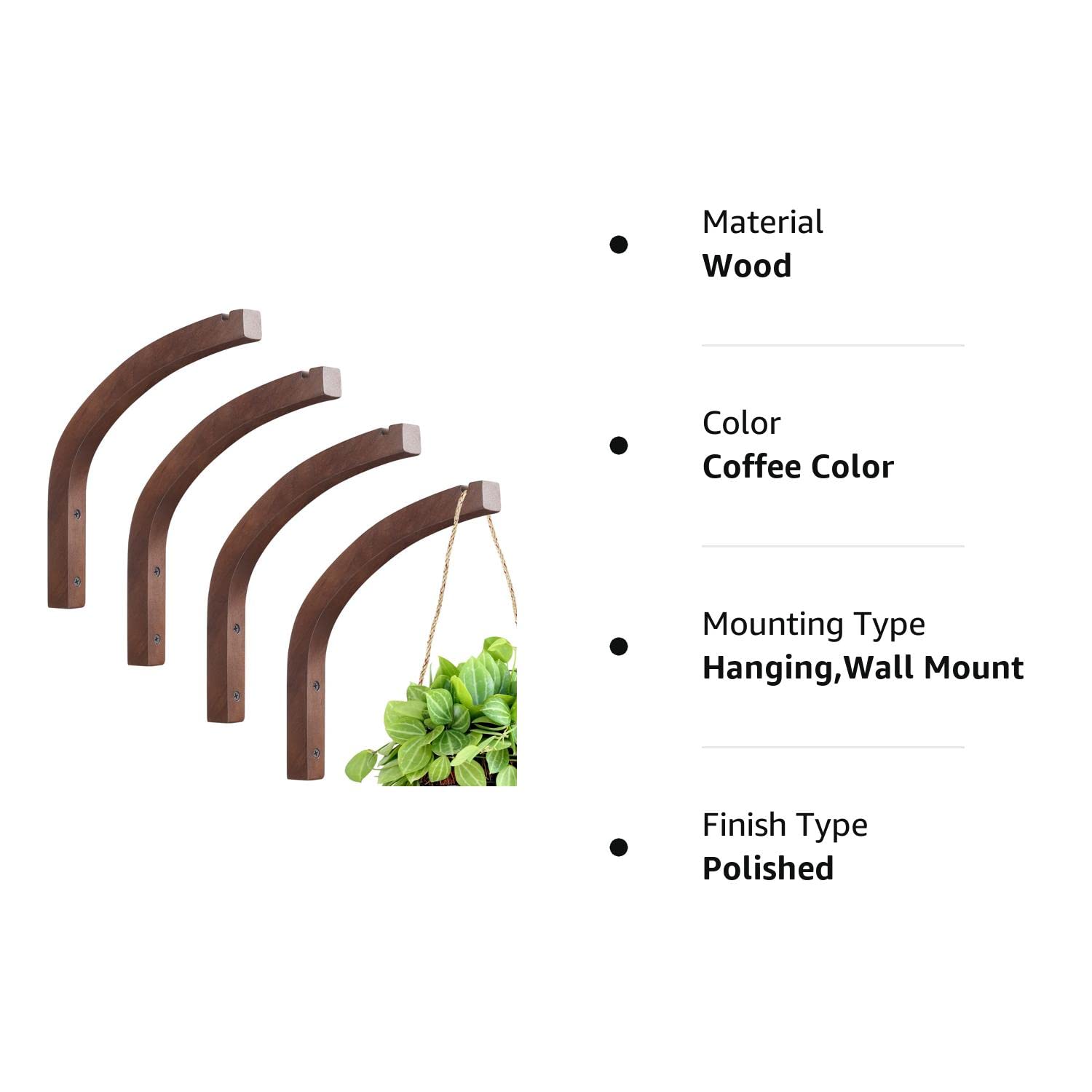 Juexica 4 Pieces Wooden Hanging Plant Hooks Wooden Plants Wall Hooks Plant Hooks Wall Mounted Plant Hanger Hook Indoor and Outdoor Hanging Brackets for Planters, Lanterns, Bird Feeders (Coffee Color)