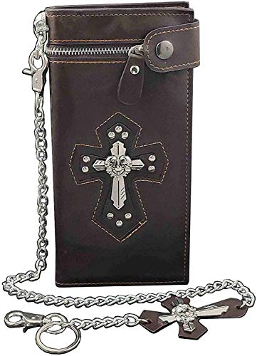 crazy hunter Punk Rock Skull Cross Mens Leather Long Card Money Wallet Purse With Chain Brown