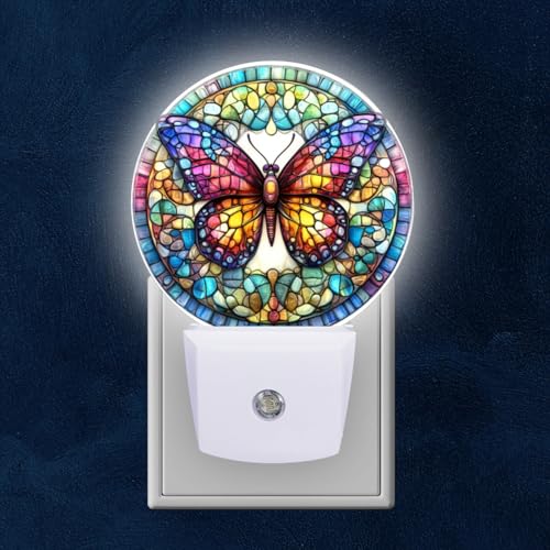 Image of Round LED Night Lights Lamp with Dusk to Dawn Sensor, Stained Glass Art of Colorful Butterfly Mandala Night Light Plug Into Wall for Kids Room, Bedroom, Bathroom, Kitchen, Hallway