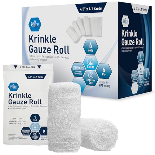 MED PRIDE Sterile Krinkle Gauze [6 Rolls]- 4.5 x 4.1 Yards Rolls - Cotton Wound Dressing Sterile Wraps 6-Ply Highly Absorbent First Aid Gauzes - Medical Individually Wrapped Mesh Bandage Gauzes