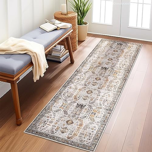 Madane Kitchen Runner Rug - 2x7 Runner Rugs with Rubber Backing Non Slip Vintage Washable Rug Runner Ultra-Thin Throw Carpet Runners for Hallways Bedroom Laundry Room(2'x7', Brown/Gold)