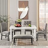 Merax 6-Piece Dining Set with Marble Sticker Covered Table and 4 Flannelette Upholstered Chairs & Bench, White+Gray_6pcs