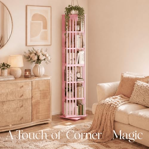 Image of Lauxery Rotating Bookshelf Tower, Pink, 6 Tier | 1200 lbs total capacity, 360 degree rotation, dual shelf heights, easy setup, for Small Space, Reading Corner