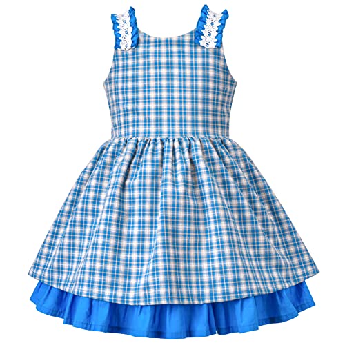 Sunny Fashion Girls Dress Backless Sweet Pink Plaid Rural Ruffle Lace Sleeveless