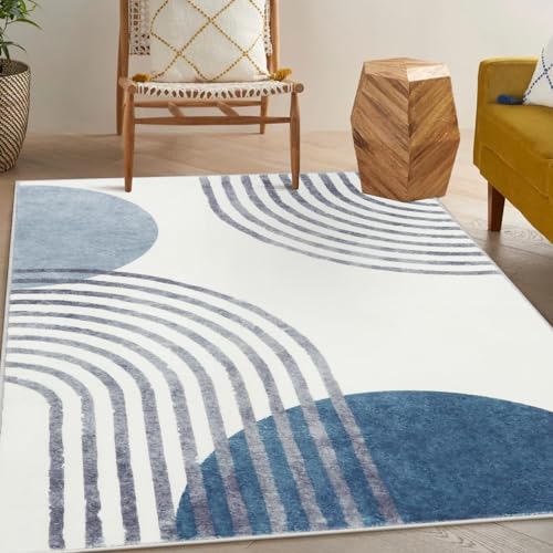Image of Wonnitar Boho Washable Area Rug 5x7, Blue Large Living Room Rug, Non-Slip Soft Rugs for Bedroom Aesthetic, Mid Century Modern Rainbow Nursery Throw Carpet for Boy Kids Room Office (Blue,5'x7')