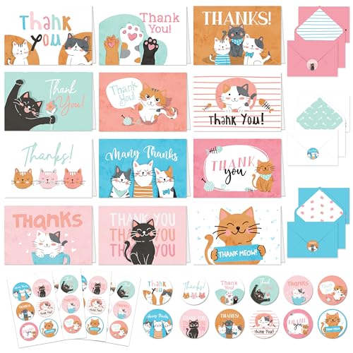 Decorably 24 Pack 6x4in Cat Thank You Cards with Envelopes and Stickers, 12 Adorable Designs Thank You Cards Cats, Blank Inside - Kid's Party, Birthday