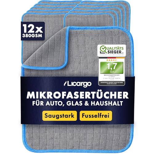 LICARGO Mikrofasertücher Auto 12er Set - fusselfrei und saugstark für Autopflege innen & außen - lackschonend mit 380 GSM - 40×40 cm zum Polieren, Reinigen & Trocknen von Lack, Glas und Innenraum