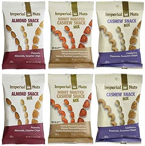 Imperial Nuts Grab & Go 6 PK Variety Snack Packs of Nut Snack Mix - Featuring Cashews, Peanuts, Almonds, Honey Roasted Cashews, Honey Roasted Peanuts, Honey Roasted Sesame Chips & Sesame Chips.