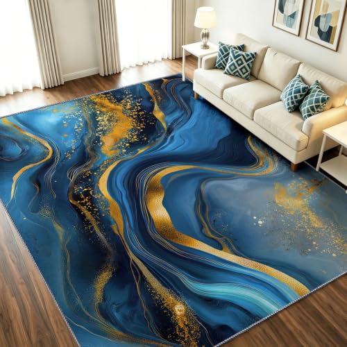 Tapis bleu 60 x 90 cm abstrait antidérapant lavable