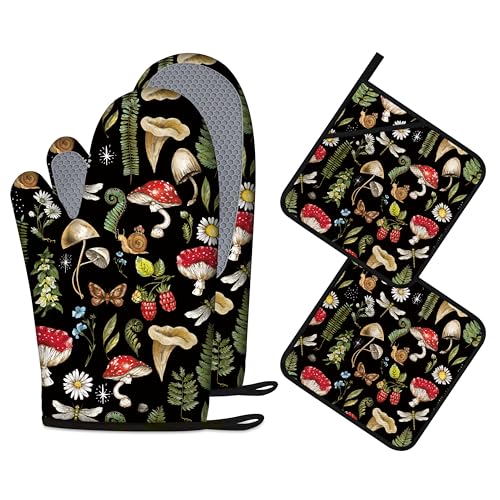 Image of Mushroom Oven Mitts and Pot Holders Sets of 4 Heat Resistant Silicone Oven Mitts Gloves Non-Slip Kitchen Mittens Potholders for Cooking Baking Grilling BBQ