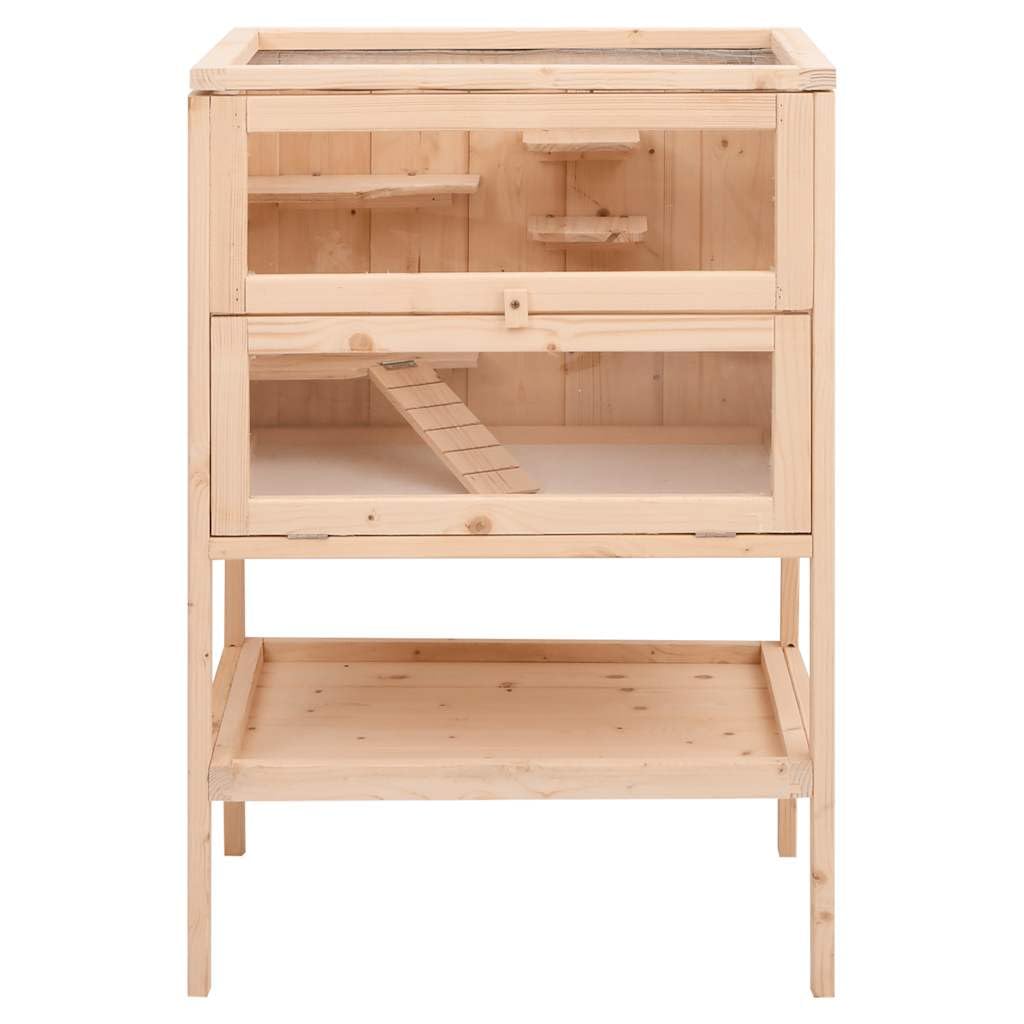 Jaula hámster madera maciza abeto 55x40x80 cm con escalera de dos niveles, techo rejilla metálica abierta, frontal acrílico transparente, estante de almacenamiento, para hámster Gerbille