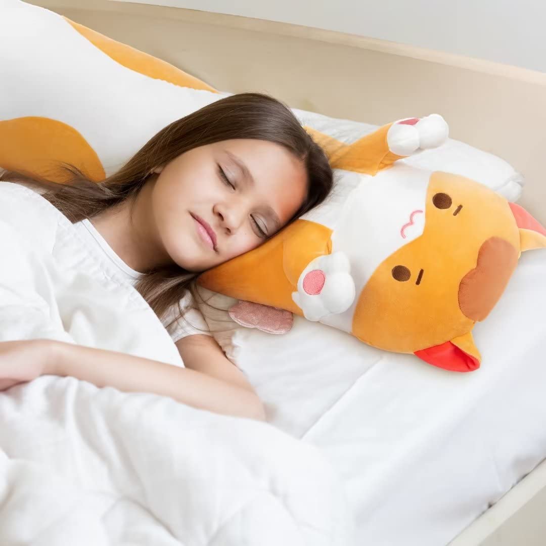 Mewaii Cuscino morbido a forma di gatto, lungo 129,5 cm, con peluche a forma di gattino che dorme e abbraccia, giocattolo per bambini (arancione)