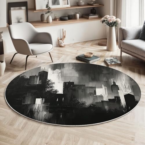 Tapis rond salon noir et blanc déco abstrait pour chambre et cuisine