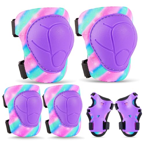 FIODAY Knee Pads for Kids Protective Gear Set Adjustable Kids Knee Pads and Elbow Pads with Wrist Guard for Girls Roller Skates Cycling Bike Skateboard Scooter Knee Pads, 3-8 Years, Rose Blue Green