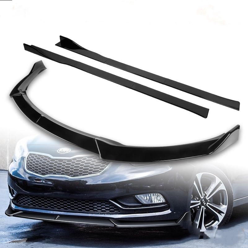 9pcs Combo Front Bumper Body Kit Lip + Side Skirt Extensions Diffuser Compatible with 2014-2016 Kia Forte EX LX SX 2015 (Painted Black)
