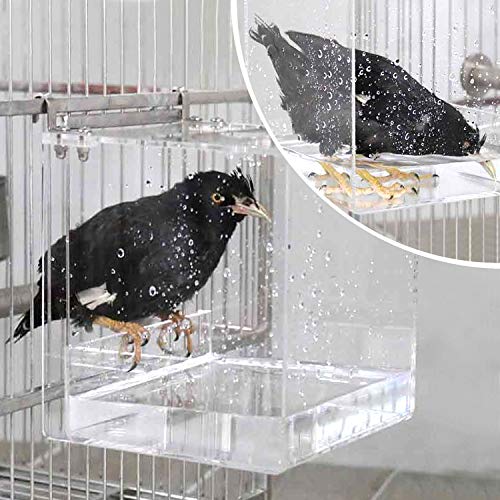 HOSUKKO Bird Bath for Cage No-Leakage 6.4inch x 6.4inch Acrylic Clear Bird Bathtub Parrot Parakeets Shower Bird Feeder for Cage Bathtub Box for Small Bird Parrot with 4 Hooks - Image 2