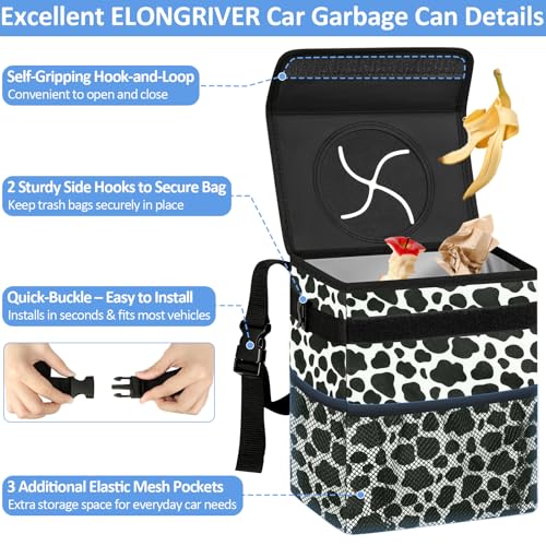Image of ELONGRIVER Car Trash Can Bin for Back Seat Leak Proof, Cute Car Trash Bag Hanging, Vehicle Trash Can for SUV Truck Van, Automotive Garbage Cans Front Seat Cow Print, 2 Gallons