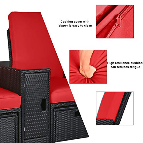 5Pcs Outdoor Wicker Chaise Lounge Chair - Rattan Adjustable Reclining Patio Lounge Chair With Ottoman And Coffee Table, For Patio Beach Pool Backyard (Black Wicker Red Cushion) #TOP5