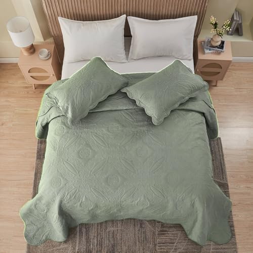 Image of Kingnex Oversized King Bedspreads 128x120 for Extra Wide Tall King or Cal King Bed Ultrasonic Quilted Coverlet Set 3 Piece Include 1 Quilt 2 Pillowcases Sage