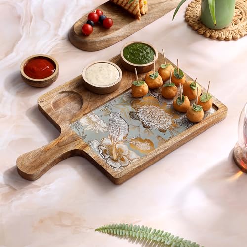 Image of Handcrafted Mango Wood Serving Platter with 3 Dip Bowls | Traditional Jamawar Kashmiri Print | Waterproof, Heat-Resistant, Food-Safe Lacquer Finish | 15.5 x 10 Inch | Made in India (3Katori: GreyBird)