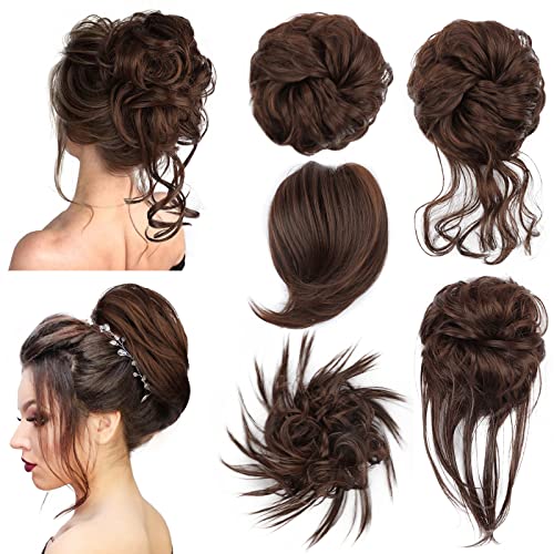 FnyPretty 5 Pcs Messy Hair Bun Piece Hair Bun Hair Pieces for women Tousled Updo Messy Curly Hair Bun Hair Extensions Elastic Easy Scrunchies Hairpiece（A 8# Chocolate Brown