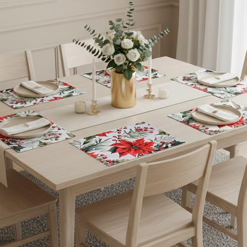 Image of Dining Table Mats Set of 6 - Red Flower Chritmas Magic Theme,Digital Print, Washable, Indoor /Outdoor, Heat-Proof, Wipe & Clean (47X33 cm) Red & Green