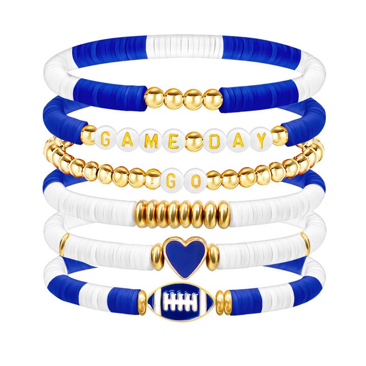 Football Bracelets for Women Game Day Bracelets for Women Beaded Sports Bracelets Clay Heishi Stackable Stretch Bracelets Set Game Day Outfits Accessories Football Bracelets Bulk Football Jewelry - Main Image