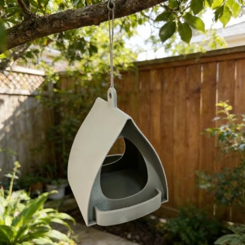 Comedero colgante fuerte para pájaros construido con material de PLA para resistencia contra estresores ambientales en zonas residenciales de alimentación al aire libre (blanco)