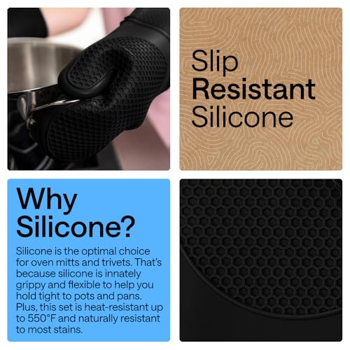 Image of GORILLA GRIP BPA-Free Soft Silicone Oven Mitts and Pot Holders Sets of 4, Heat Resistant Waterproof Cooking Gloves, Thick Cotton Lining, Flexible Gripping for Baking Grilling, Kitchen Trivets, Black