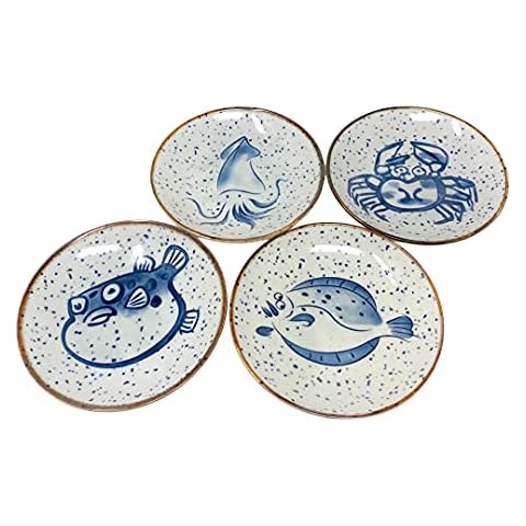 TJ Global Set of 4 Japanese Pottery Ceramic 7 Inch Plates for Any Meal and Dish, Japanese Dinnerware and Tableware with Fish Design Cover