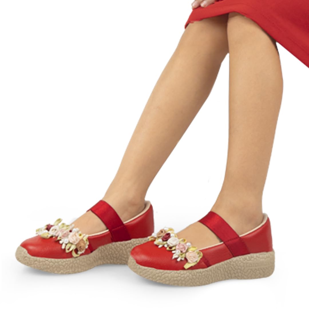 KazarMax Kids Girls Red Floral Ballet Flat Ballerina - 12.5 Kids UK 2