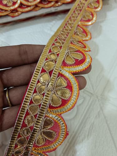 Image of Designer Golden Zari Lace Border for Ethnic Dress Blouse Saree Dupatta Lehenga Chunri Craft Decoration Sewing Embroidery Decorative Trim Roll Red and Gold (RM-LACE47-1)