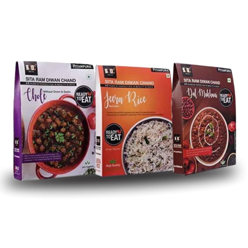 Sita Ram Diwan Chand Ready to Eat Chole Without Onion & Garlic | Jeera Rice | Dal Makhani 300 Gram Each| No Preservatives | No Artificial Flavors | 100% Natural Ingredients | Tasty Snacks - Pack of 3