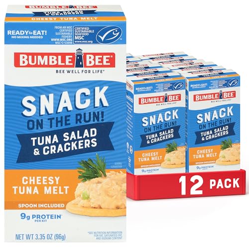 Image of Bumble Bee Snack On The Run! Cheesy Melt Tuna Salad Kit (Pack of 12) | Ready to Eat Easy-Open Canned Tuna Salad with Crackers Snack Pack, 9g Protein per Box, Wild Caught MSC Certified Tuna