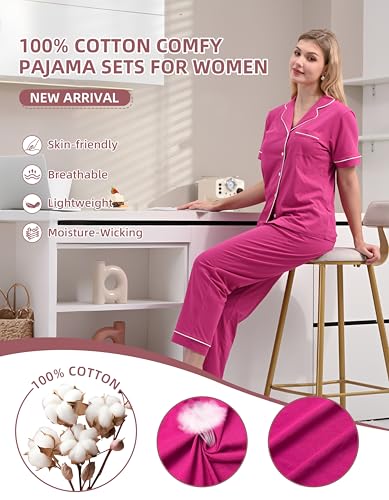 Image of NAP BOUND 100% Cotton Women Pajama Sets Button Down Short Sleeve Sleepwear Soft Pjs 2 Piece Lounge Set with Pocket XS-XXL
