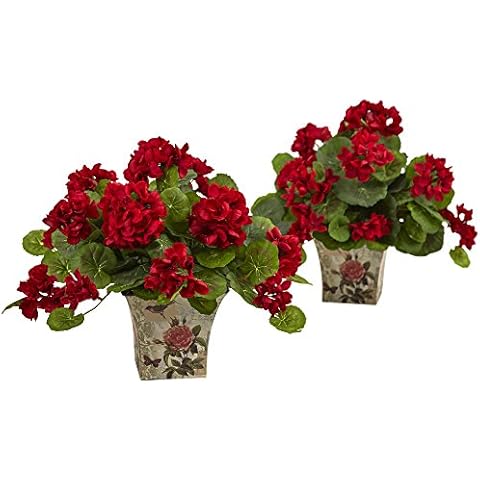 Nearly Natural 11" Red Geranium Silk Plant Set Cover
