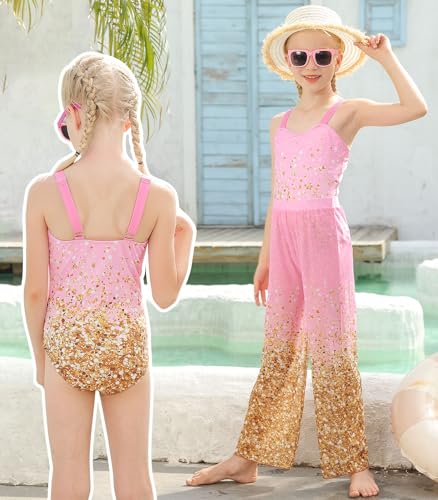 Cutemile 6-12Y Girls One Piece Swimsuit with Cover Up Pants Kids 2 Piece Bathing Suit2