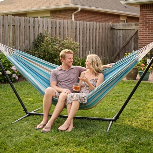 Image of INNO STAGE 2 Persons Hammock with Tree Straps - Brazilian Double Hammocks, Portable Hanging Camping Bed for Patio, Backyard, Porch, Outdoor and Indoor Use Soft Cotton Carrying Bag, Blue, XX-Large