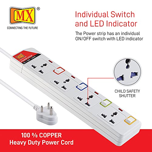 Image of MX 4 Sockets Power Strip with Universal Socket - Individual Switch with Circuit Breaker Protection Spike Guard Extension Board - (15 Foot) Power Cable - 5 Amp (5Mtr) White