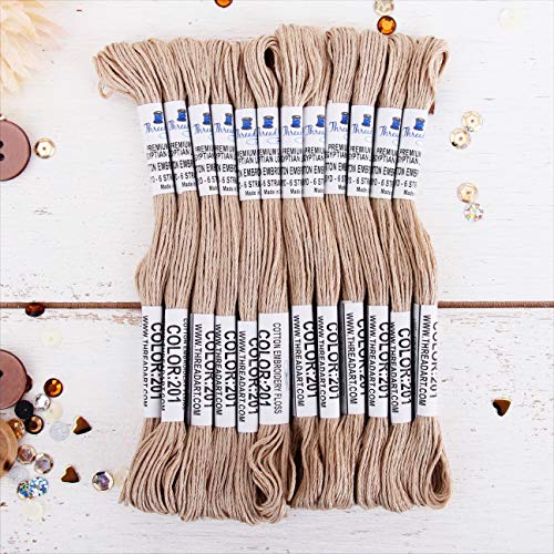 Threadart Lot de 12 écheveaux de fil à broder en coton égyptien à longues fibres de coton | Beige | 6 brins divisables de 8 m chacun pour la broderie à la main, les bracelets d'amitié, le point de