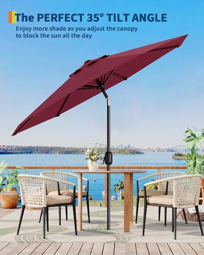 9FT Outdoor Patio Umbrella, Table Market Umbrella With Push Button Tilt and Crank, 8 Sturdy Ribs UV Protection Waterproof for Garden, Deck, Backyard, Pool (Dark Red)